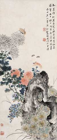 胡振 1938年作 花卉草虫图 立轴